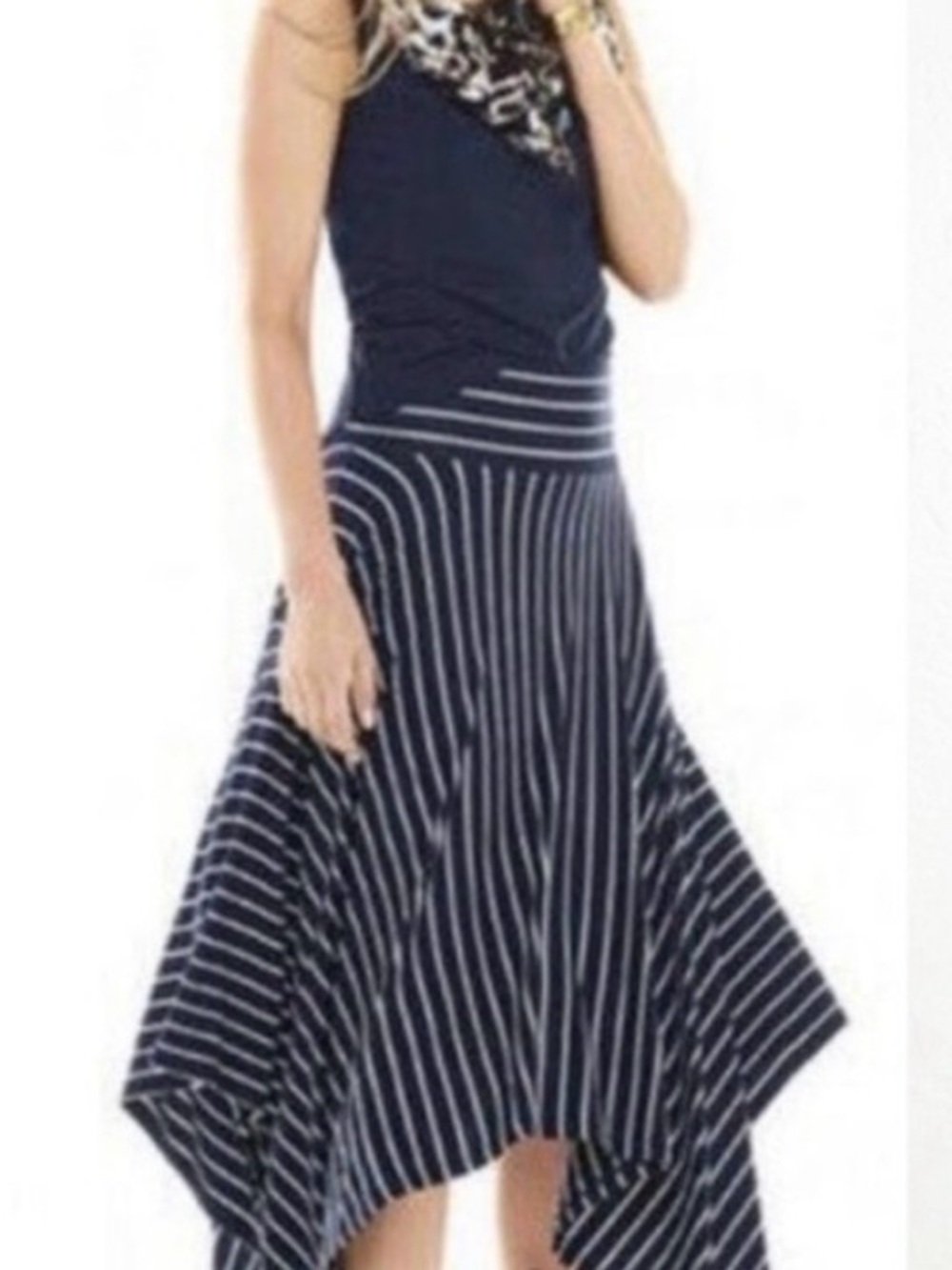 CAbi Navy and White Striped Asymmetrical Skirt